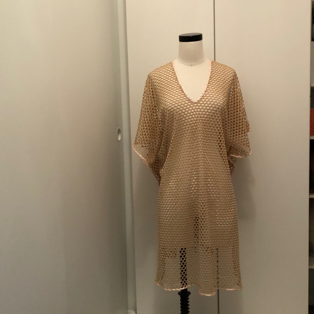 NEW WITH TAGS Long Fishnet Kimono with Shiny Trim Detail